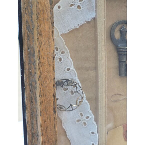 Vintage Shadow Box With Rustic Memorabilia Including Lace Key Button Sewing Noti - Picture 7 of 14